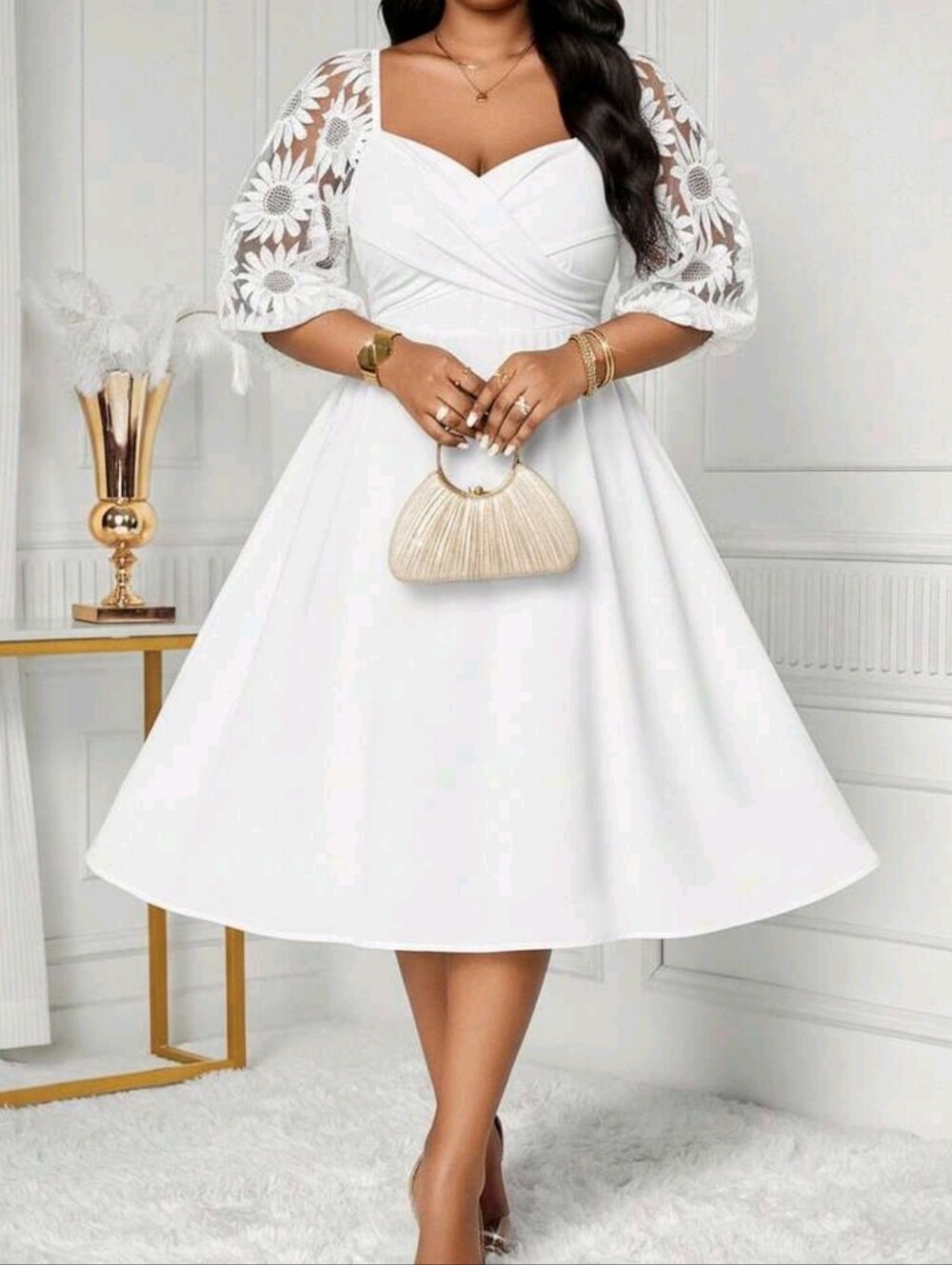 White Midi Dress with Floral Lace Sleeves